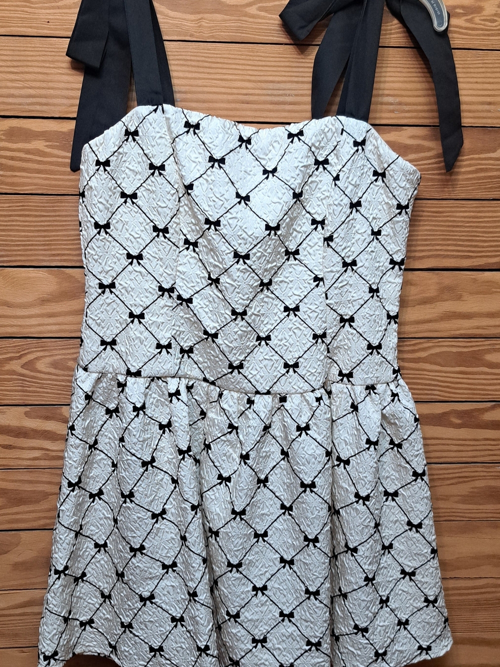 Cream Textured Jacquard Bow Lattice Print Coquette Adj Ribbon Straps Party Dress
